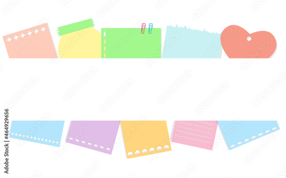 Note stickers and labels with shadows and clips and tape. Office and school stationery, memo stickers. Templates frame for a note message isolated on white background. Vector illustration