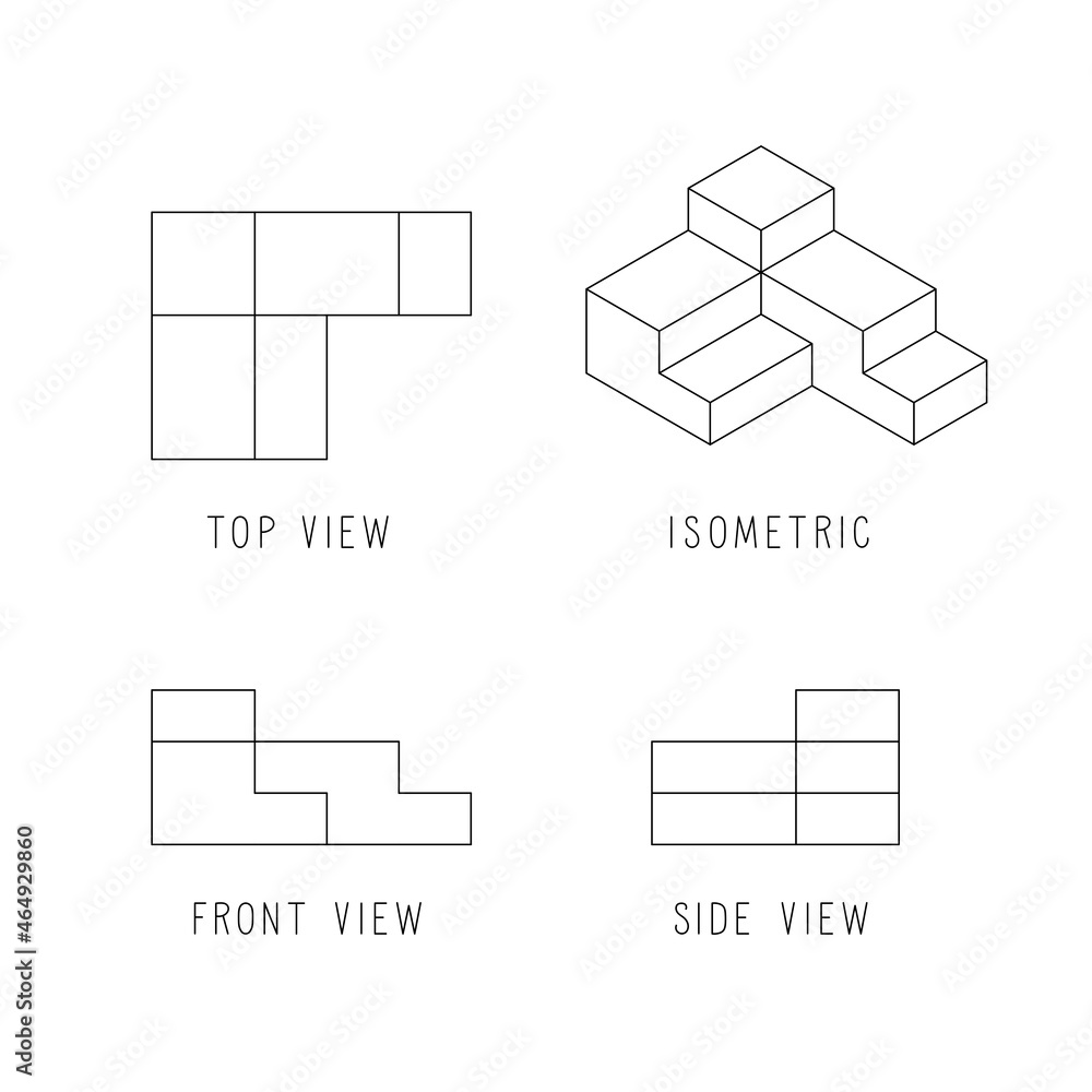 Multiview Orthographic Projection With Isometric Drawing Top Front