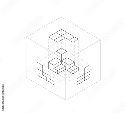 orthographic projection views glass box method, isometric drawing. illustration isolated on white 