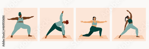 Illustration set of diverse women wearing sportswear doing yoga pose
