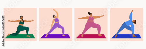 Illustration set of diverse women wearing bright sportswear doing yoga pose