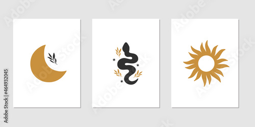 Mystical vector set - sun, snake, crescent moon. Celestial illustration isolated white. Trendy esoteric concept. Witchcraft symbols. Boho modern poster, card, magic t-shirt print.