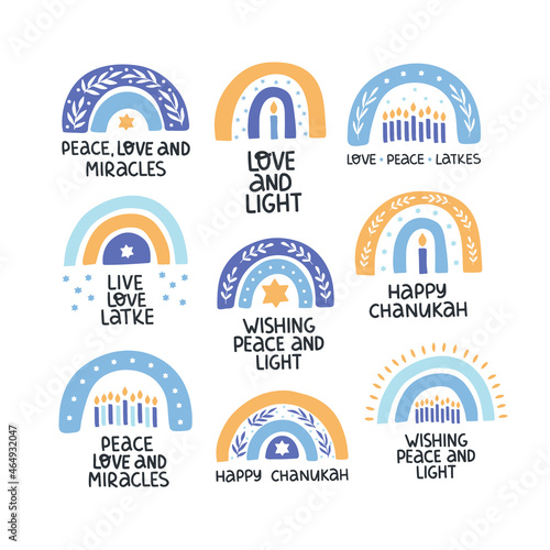 Hanukkah vector celebration typography. Traditional jewish holiday collection. Love, light, latkes quote. Chanukah wishes isolated on white. Festive rainbow, candle, star David.