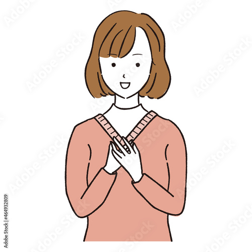 手書き線画カラーイラスト　安心する若い女性