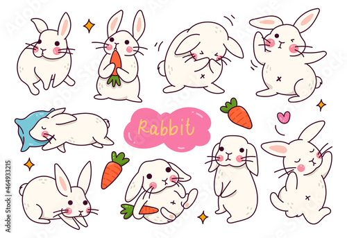 Set of Cartoon Rabbit in Doodle Style Vector Illustration