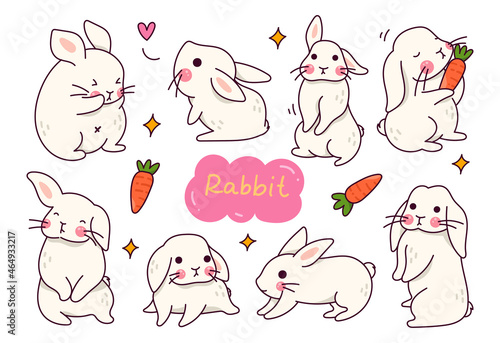 Set of Cartoon Rabbit in Doodle Style Vector Illustration
