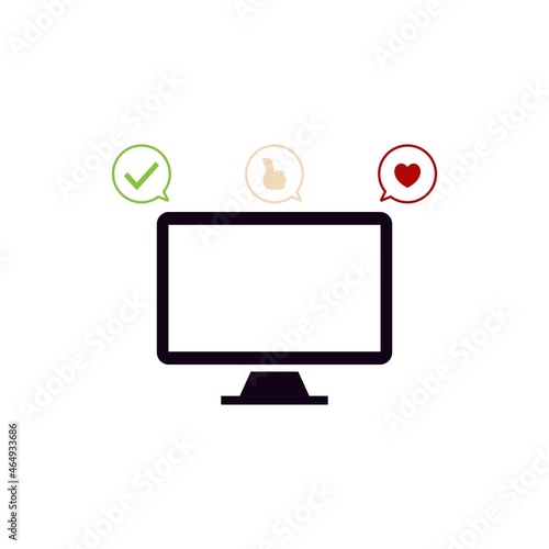 computer screen with check, like or tumb, love symbol. Vector illustration logo design