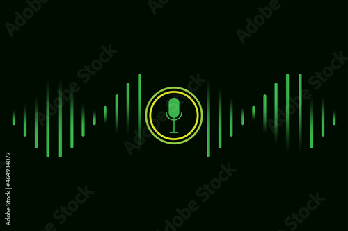 Microphone podcast icon. Green waves. Black background. Audio communication concept. Vector illustration. Stock image.