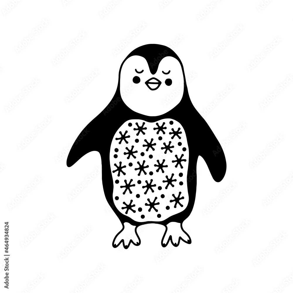 Obraz premium Funny penguin in Scandinavian style. Creative northern bird for fabric, poster, postcard, wallpaper, children's clothing. Vector monochrome doodle illustration. Coloring book.