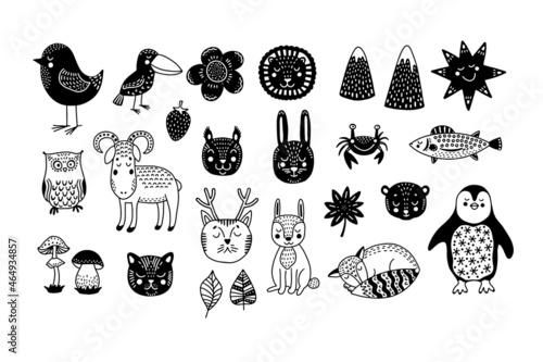 Set of animals in Scandinavian style. Hand-drawn. Cartoon animals for children's designs. Vector lion, hare, bear, fox, ram,birds, crab, penguin, owl, mountains, fish, mushrooms, leaves, star.
