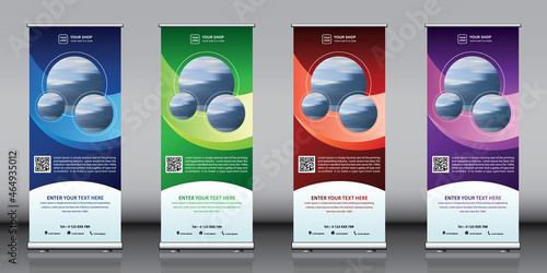 Roll up banner design collection with red green blue purple colorful artwork and 3 images. Editable vertical template vector set, modern standee and flag banner