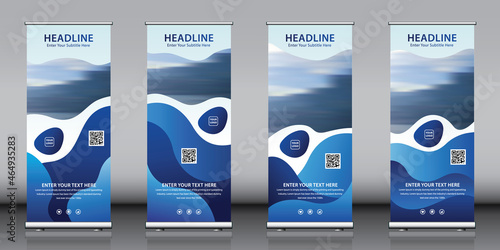 Roll up banner design collection with blue waves pattern colorful artwork. Editable vertical template vector set, modern standee and flag banner