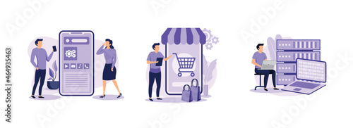 Mobile Application Development, Ecomerce Aplication, Big data. Commercial software abstract concept vector illustration set.