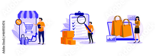 Consumer society, Product Quality, market research studies. Customer satisfaction abstract concept vector illustration set.