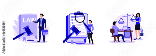 Litigation support, Legal research, Paralegal services. Law firm abstract concept vector illustration set.