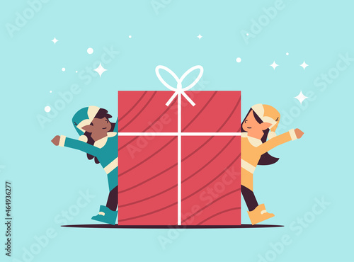 elves preparing for new year and christmas holidays celebration mix race santa helpers holding gift box