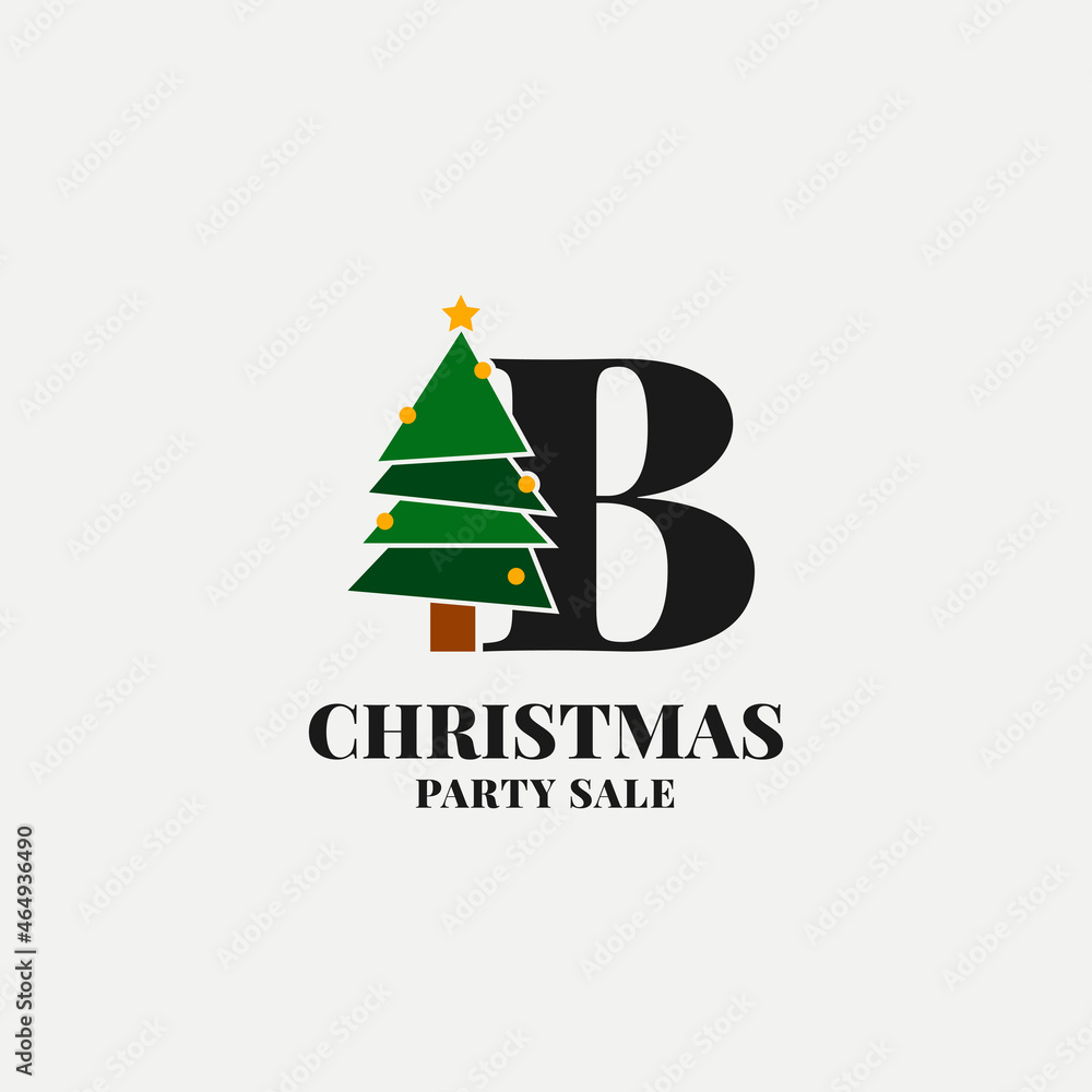letter B with christmas tree decoration for celebrating december sale or party initial icon