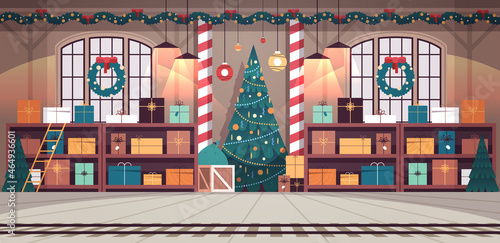 no people santa claus factory with gifts and decorated christmas tree new year winter holidays celebration concept photo