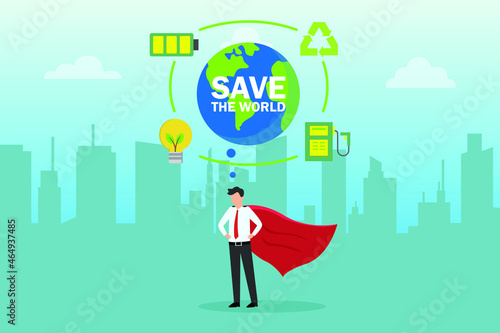 Save the world vector concept. Businessman wearing capes while standing with save the world text background