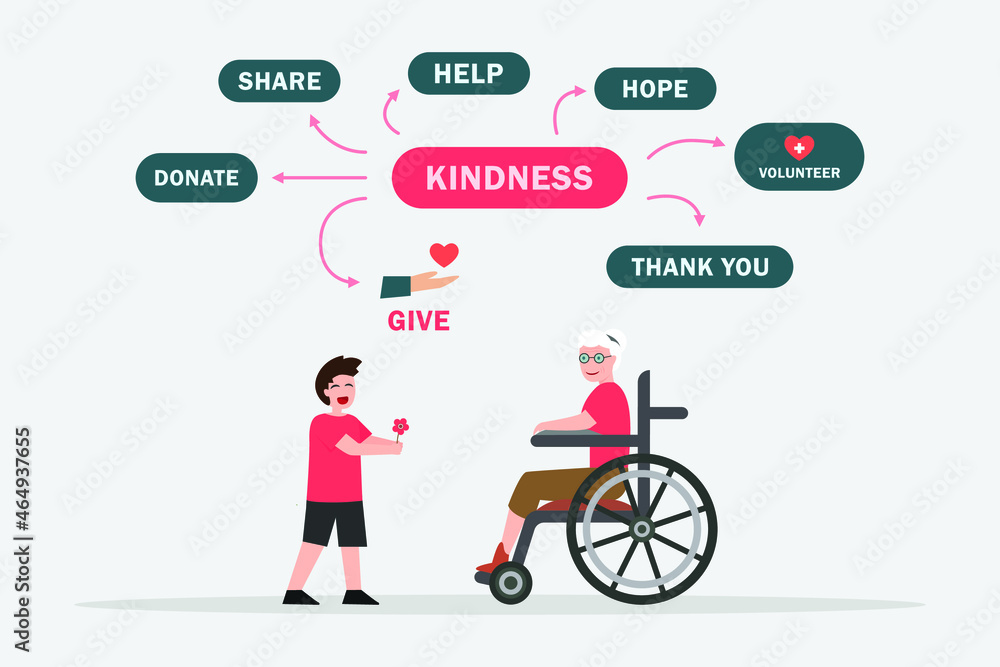 World kindness day vector concept. Happy little boy giving a flower to his grandmother with kindness word background World kindness day vector concept. Happy little boy giving a flower to his grandmother with kindness word background