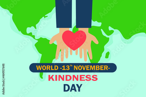 World kindness day vector concept. Hands holding red heart symbol with kindness day text and world map background