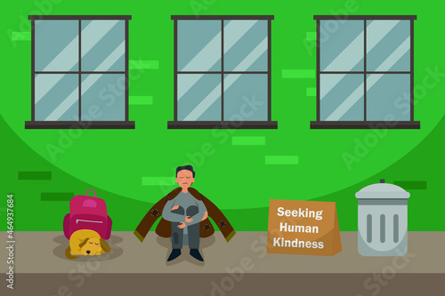 World kindness day vector concept. Homeless people sitting on the street with text of seeking human kindness on cardboard
