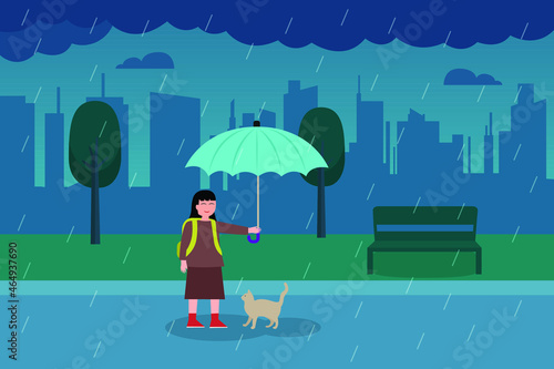 World kindness day vector concept. Little girl protecting a stray cat from drops rains by using an umbrella