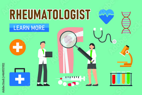 Rheumatologist vector design. Two doctors using a magnifier to examining patient foot joints
