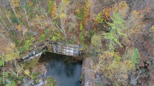 Retreating fall aerial of abandoned, flooded Dorset Marble Quarry, VT photo