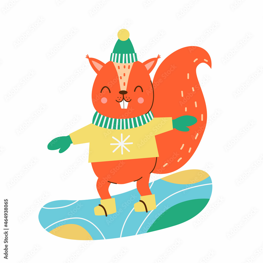 Obraz premium Cute squirrel on a snowboard. Vector illustration.