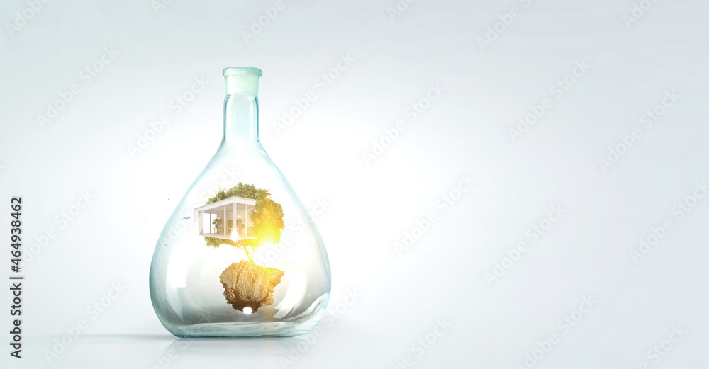 House inside a floating glass bottle . Mixed media House inside a floating glass bottle . Mixed media