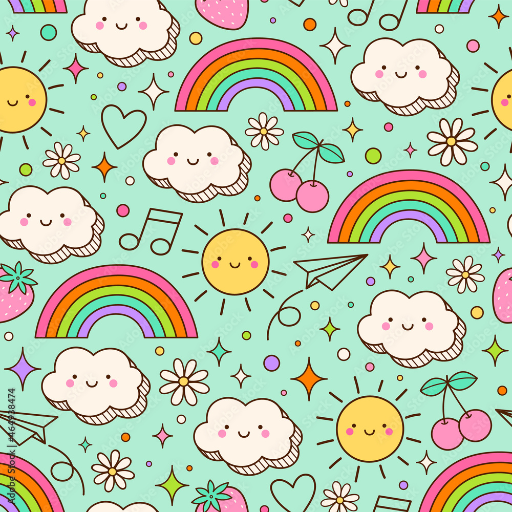Cute hand drawn cartoon cloud ,sun, rainbow and doodle seamless pattern background. Cute hand drawn cartoon cloud ,sun, rainbow and doodle seamless pattern background.