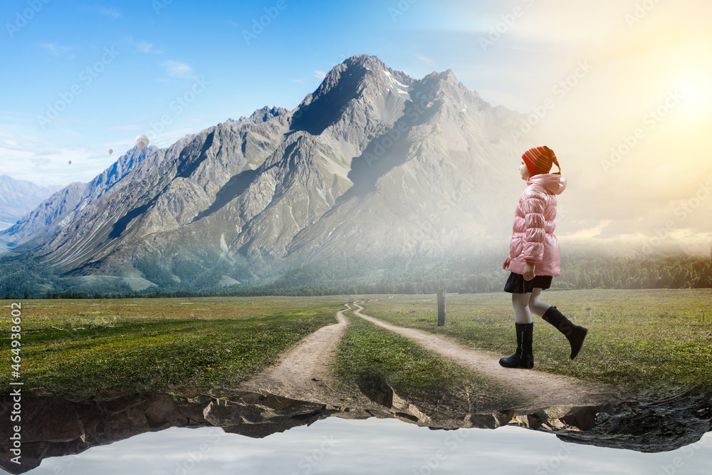 Little girl walking a landscape . Mixed media
