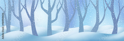 Festive New Year background. Winter forest, drifts, it is snowing.