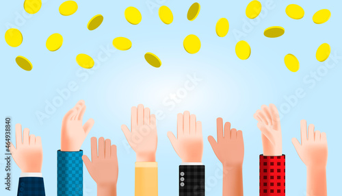 3D Cartoon illustration group of people raising hands try to grab money coin falling.