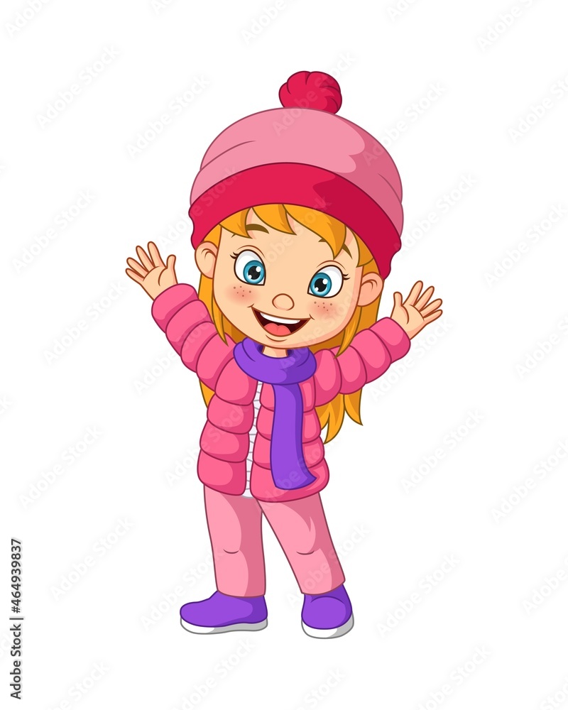 Cartoon little girl wearing winter clothes waving hand Cartoon little girl wearing winter clothes waving hand