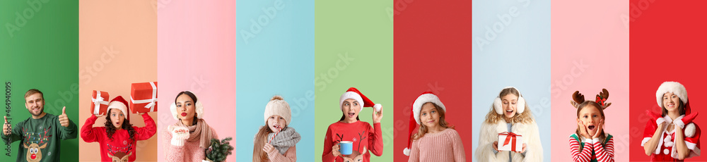 Group of different people celebrating Christmas on color background Group of different people celebrating Christmas on color background