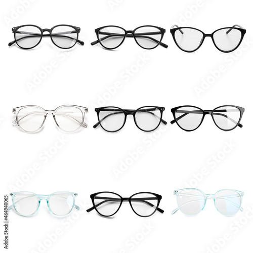 Collection of stylish eyeglasses on white background