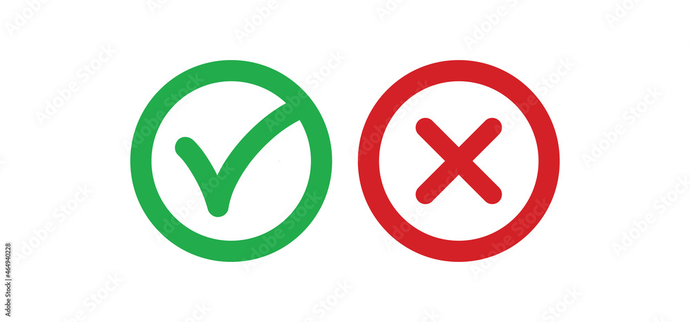 Cross and check mark icons, vector buttons. Checkmark tick and x. Cross and check mark icons, vector buttons. Checkmark tick and x.