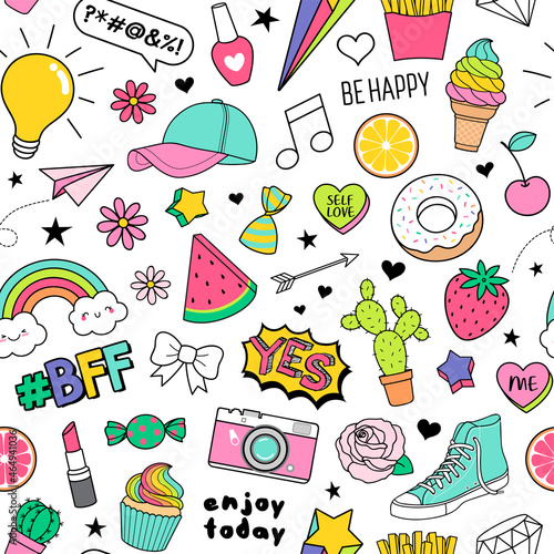 Cute funny doodles seamless pattern on white background for teenage girls.