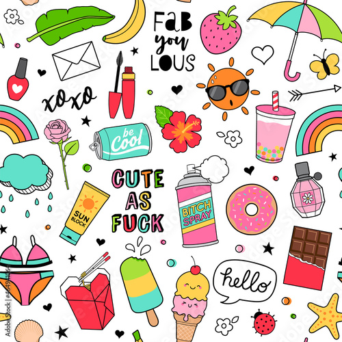Cute fun doodles seamless pattern on white background for teenage girls.
