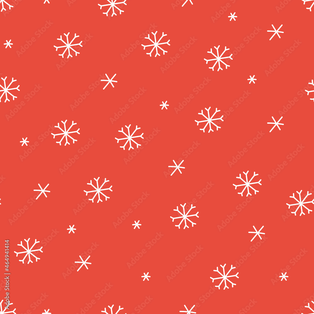 Snowflakes on red background. Christmas seamless pattern. Winter doodle backdrop. Ideal for wrapping paper, textiles and holiday decorations. Vector illustration. Snowflakes on red background. Christmas seamless pattern. Winter doodle backdrop. Ideal for wrapping paper, textiles and holiday decorations. Vector illustration.