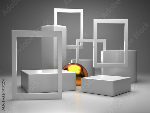 3d render, digital illustration studio stage scene with white cubes and golden sphere