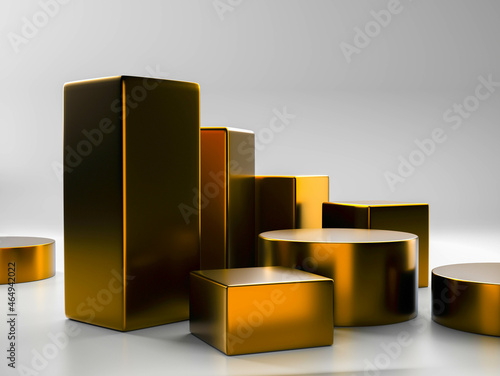 3d render, digital illustration studio stage scene with golden cubes