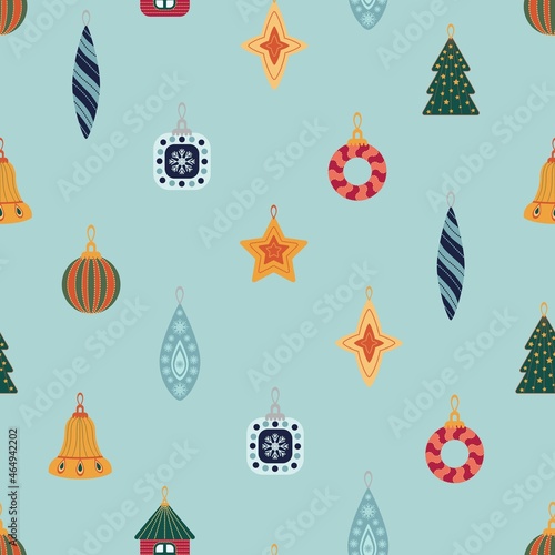 Christmas decorations. New Years design of fabric, packaging, gift paper. Seamless pattern.