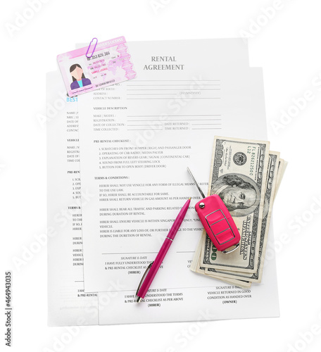 Rental agreement, driver license, money, pen and car key on white background © Pixel-Shot
