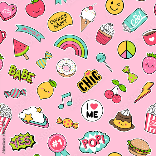 Cute girl's elements, foods and positive wording seamless pattern background.