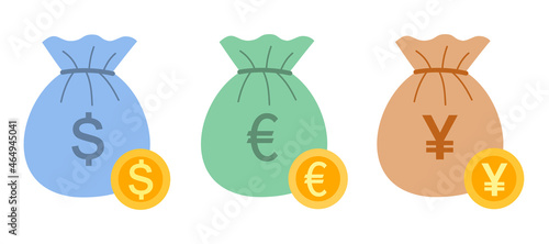 Dollar, euro and yen currency money bag and coin in flat design on white background. American, European and Japanese money concept.