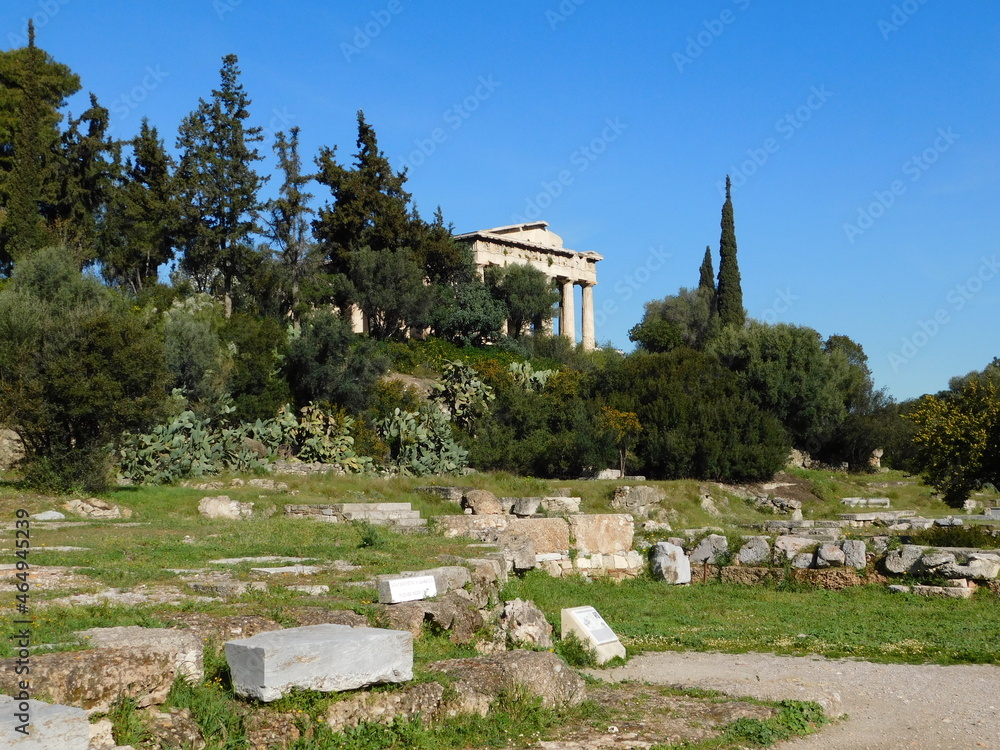 View of the ruins of the Ancient Agora, or marketplace, in Athens, Greece