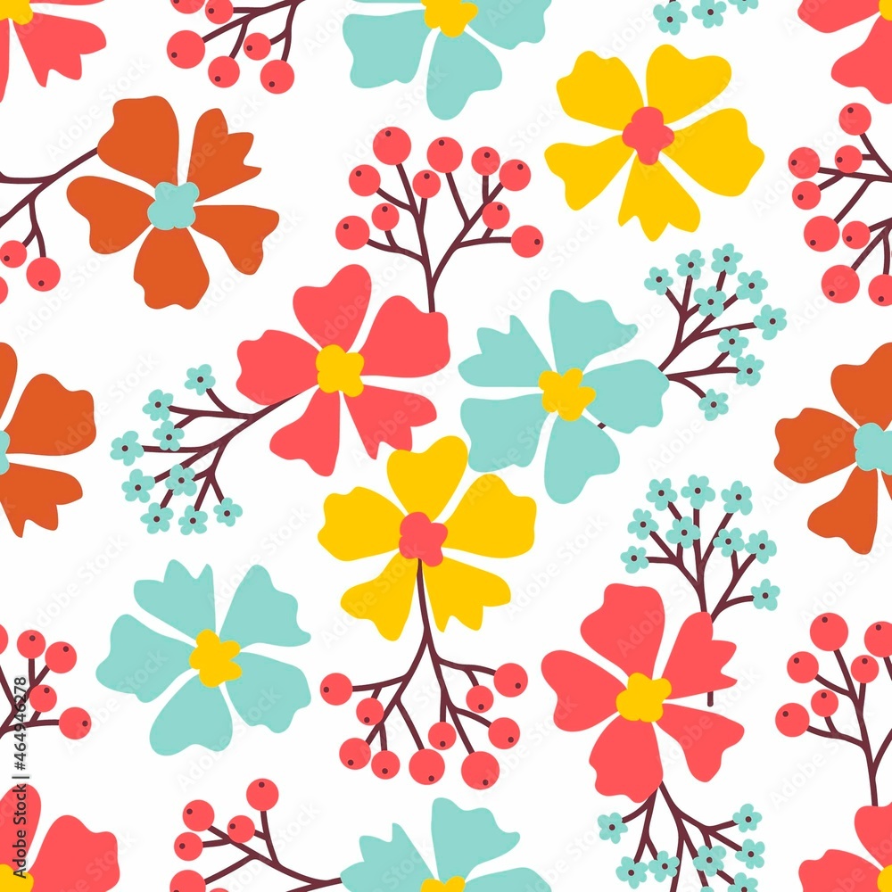 Floral vector seamless pattern. Bright flowers, rowan berries on a white background. For printing on fabrics, textiles, packaging, clothing.